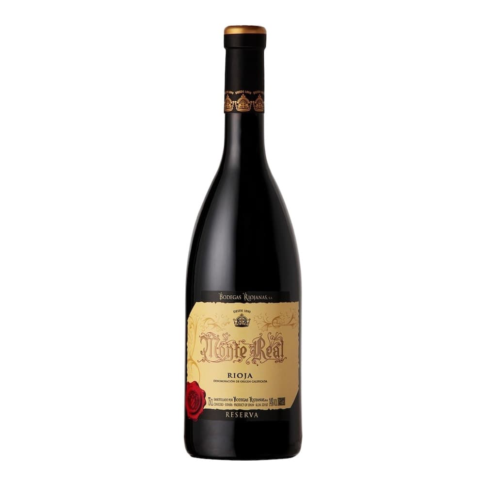 A bottle of Monte Real Rioja Reserva red wine from Bodegas Riojanas, featuring a black glass bottle with gold foil label and crown cap, isolated on a white background.