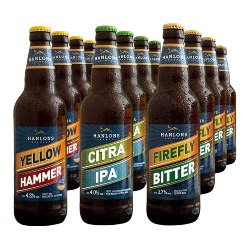 Three varieties of Hanlons craft beer bottles arranged on a plain background: Yellow Hammer, Citra IPA, and Firefly Bitter.