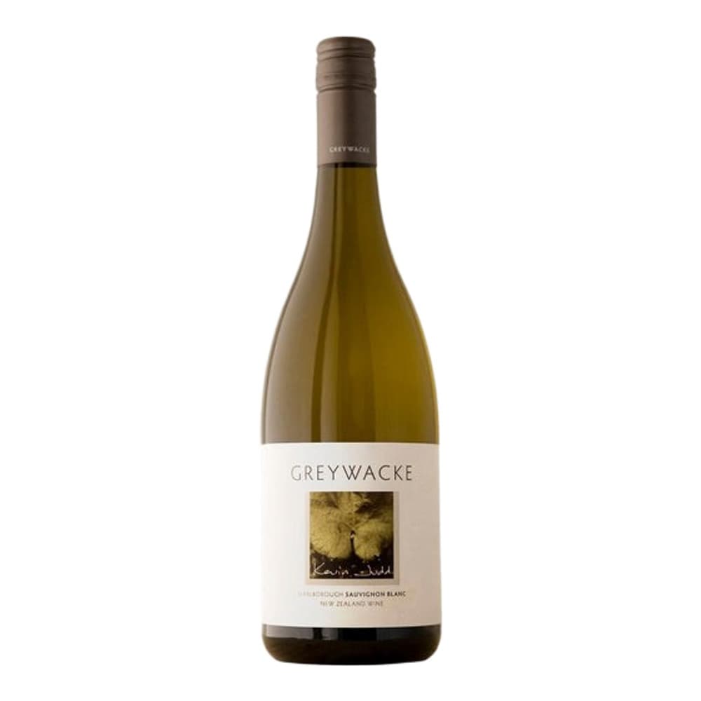A bottle of Greywacke Sauvignon Blanc white wine against a plain white background, featuring a label with a landscape image.