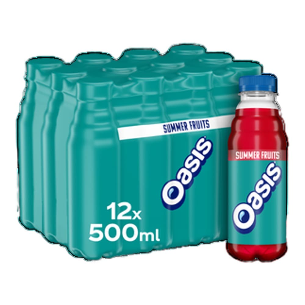 Pack shot of twelve 500ml Oasis Summer Fruits drink bottles in turquoise packaging with one bottle displayed in front against a white background