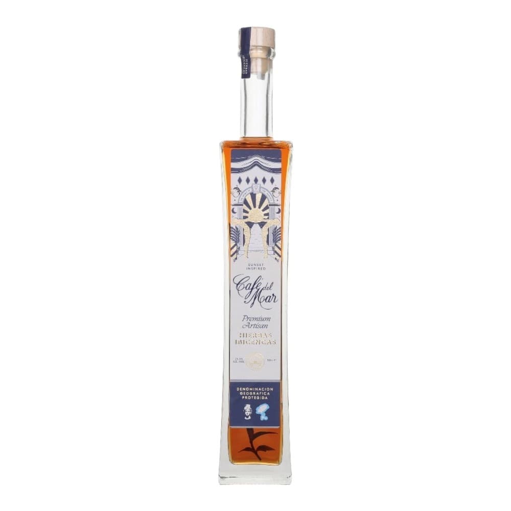 A tall glass bottle of Café Del Roar premium artisan spirits with a sunset-inspired label featuring decorative art deco design, set against a white background with reflection.