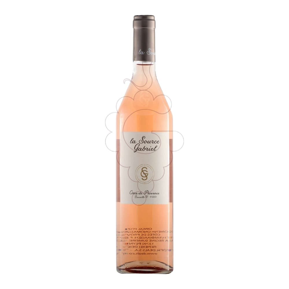 A bottle of La Source Gabriel Côtes de Provence rosé wine with a pale pink liquid and cream-coloured label featuring decorative flourishes, photographed against a white background.