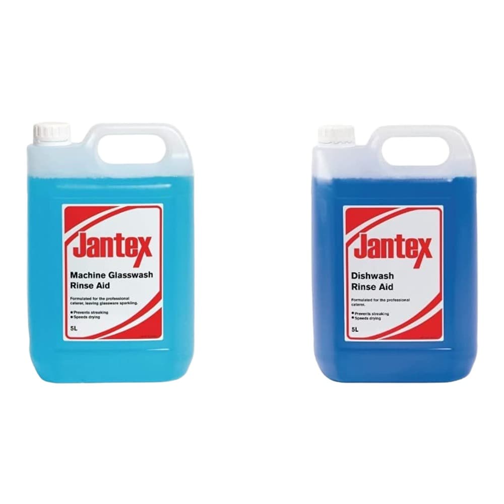 Two Jantex rinse aid bottles on a white background: a light blue machine glasswash rinse aid and a darker blue dishwash rinse aid, each 5 litres