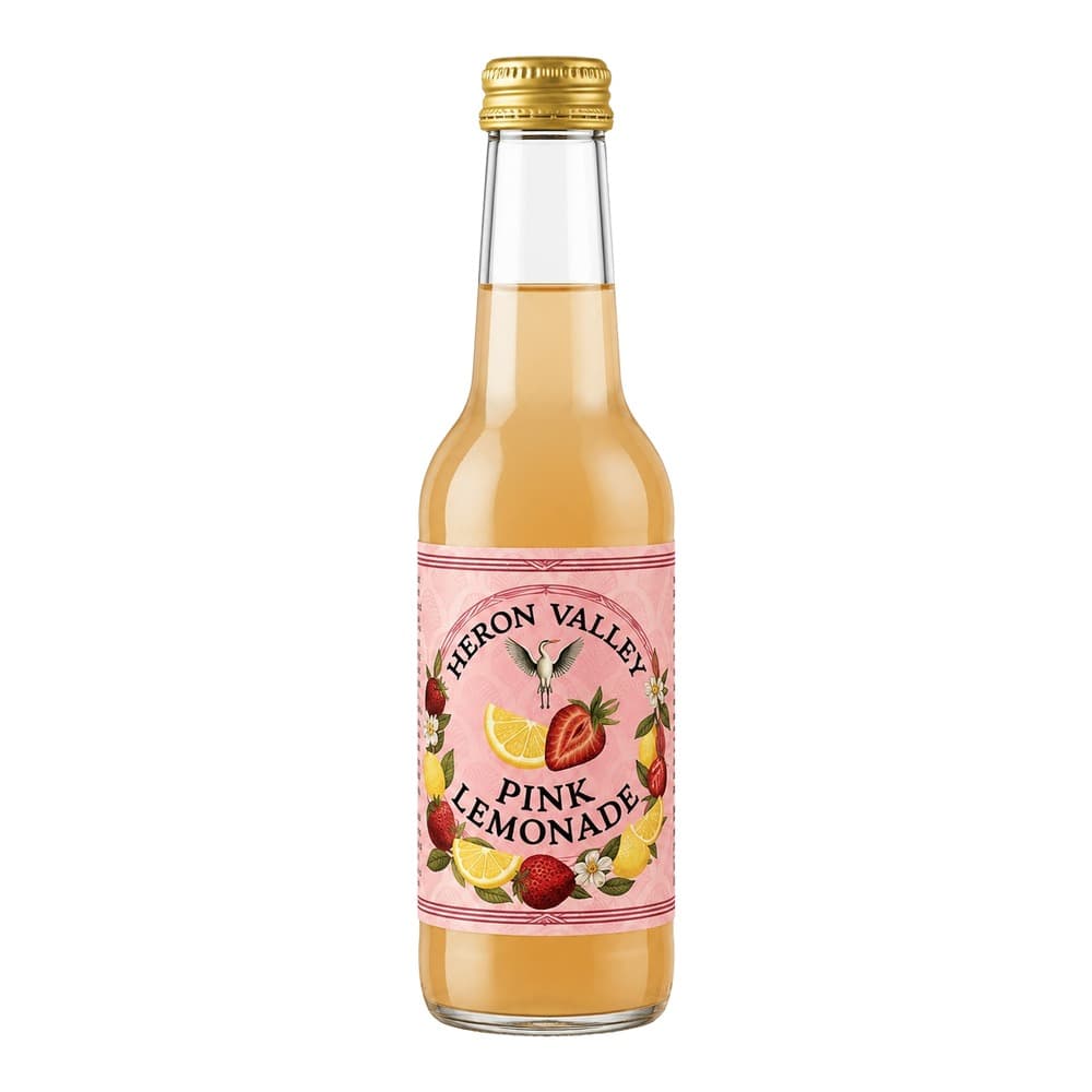 A glass bottle of Heron Valley Pink Lemonade with a golden cap and pink label featuring strawberries and lemons against a white background.
