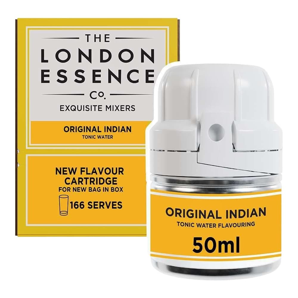 Pack shot of The London Essence Co. Original Indian Tonic Water Flavouring bottle and box on white background