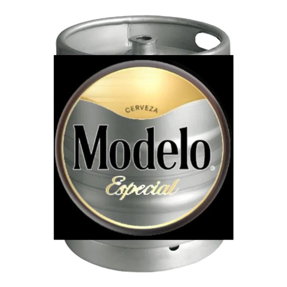 Modelo Especial cerveza keg with metallic label featuring gold and silver design on dark background