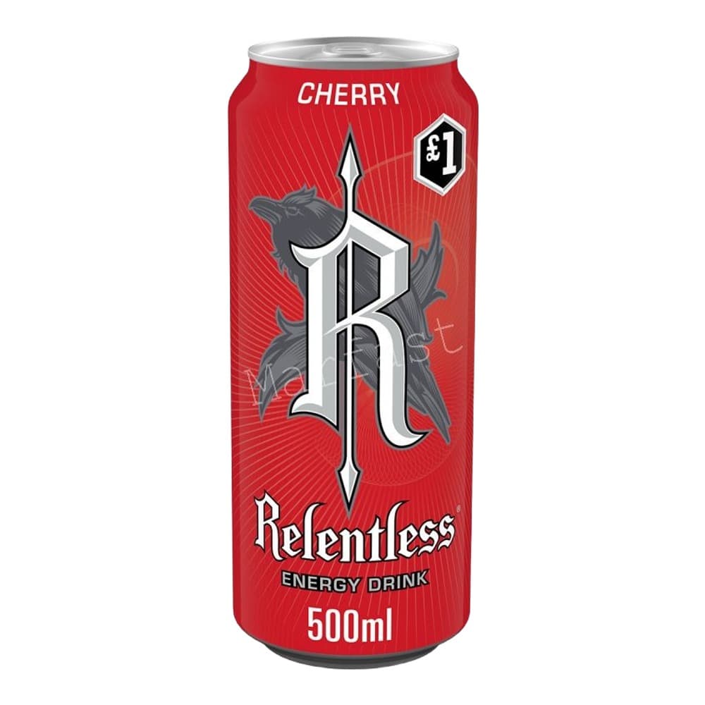 A red 500ml aluminium can of Relentless Cherry Energy Drink with decorative sword and feather logo on a plain white background