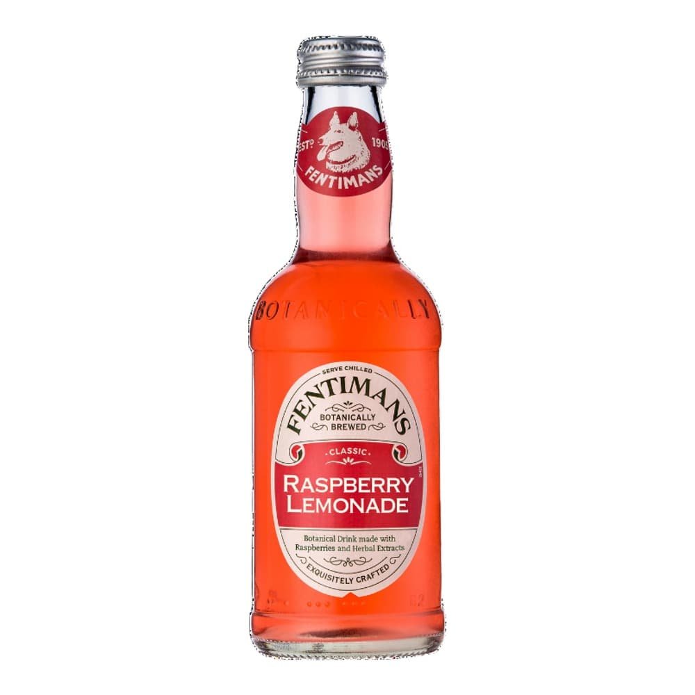 A bright red bottle of Fentimans Classic Raspberry Lemonade with metal cap, isolated on a white background.