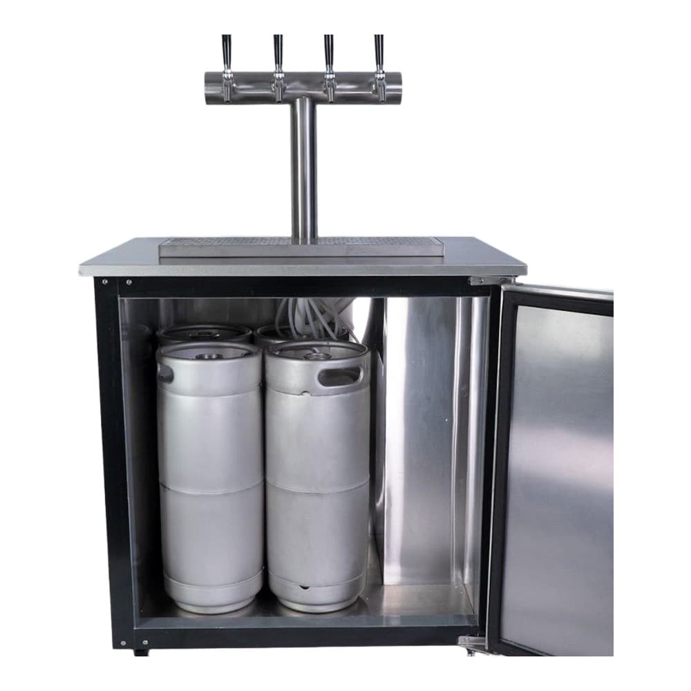 Stainless steel keg dispenser unit with four taps and chrome tower, containing four 20-litre kegs inside a refrigerated cabinet with glass door
