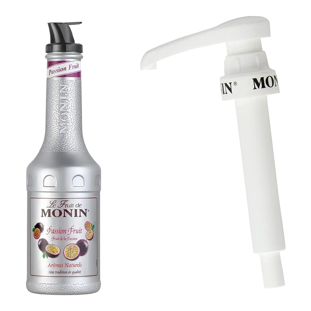 A silver Monin Passion Fruit syrup bottle with black pump dispenser on the left, and a white pump dispenser on the right, displayed against a white background.