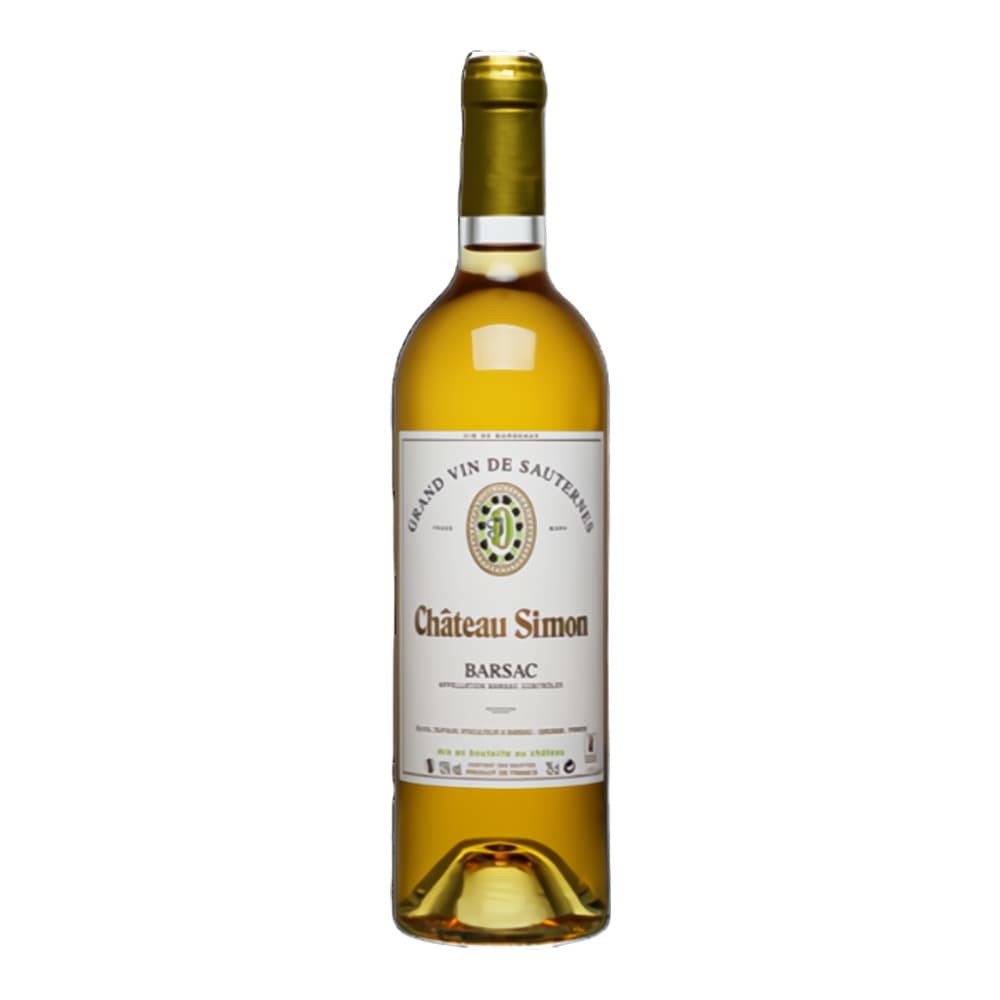 Bottle of Château Simon Barsac Grand Vin de Sauternes white wine against a plain white background.