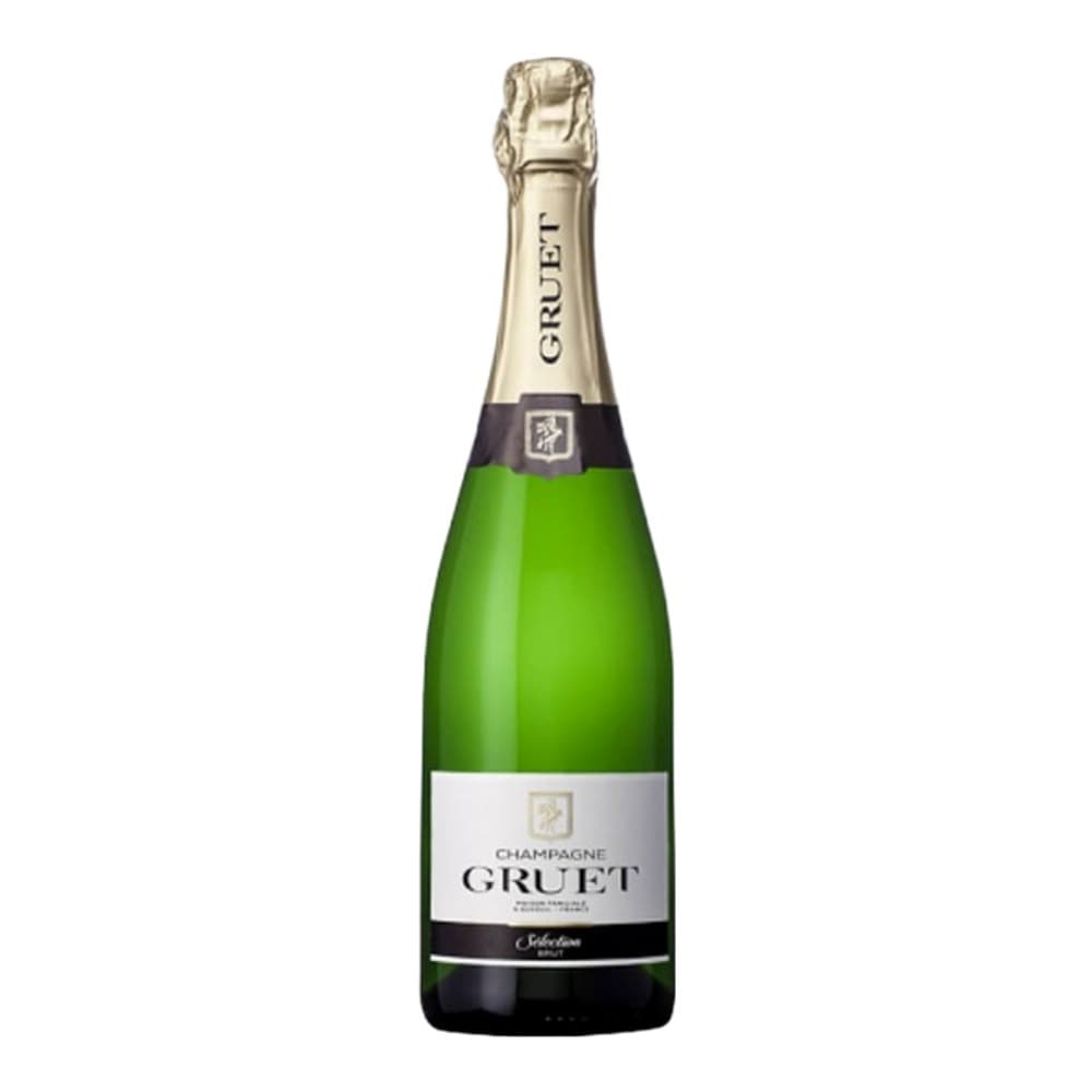 A bottle of Gruet Champagne with green glass and white label on a plain white background.