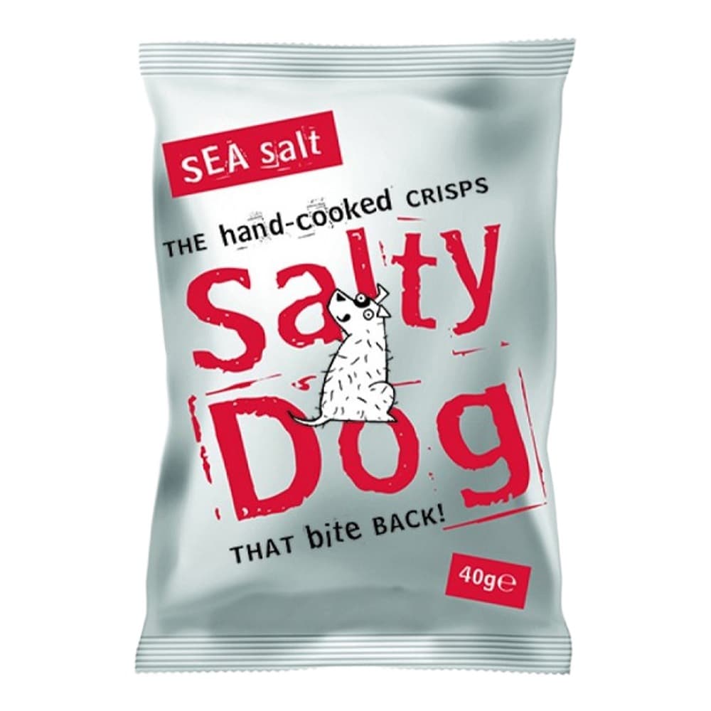 A white crisp packet featuring the Salty Dog brand logo with a dog illustration, displaying 'sea salt' and 'hand-cooked crisps' text on a plain background.