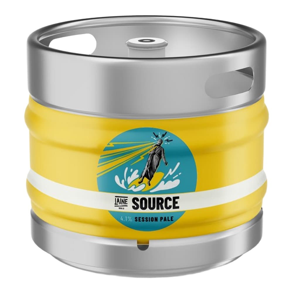 A yellow and silver metal keg with a Source Session Pale Ale label featuring a surfer on a blue circular background, displayed against a white background.