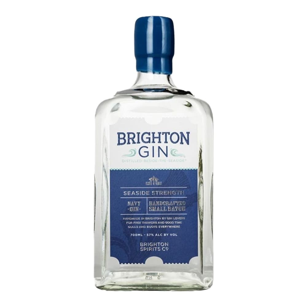 A clear glass bottle of Brighton Gin with a dark blue cap and navy label against a white background.