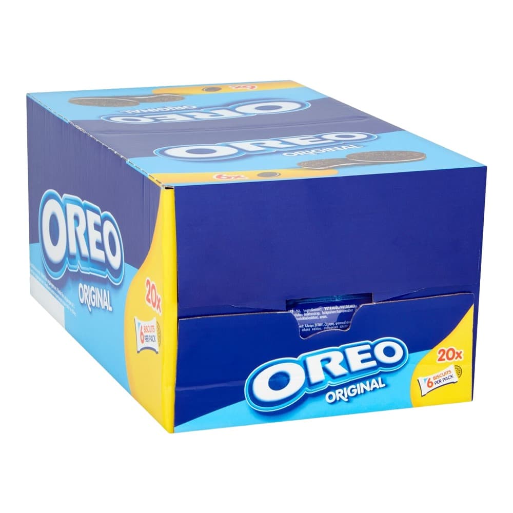 Blue and yellow Oreo Original biscuits multi-pack box containing 20 individual packs displayed on a white background.