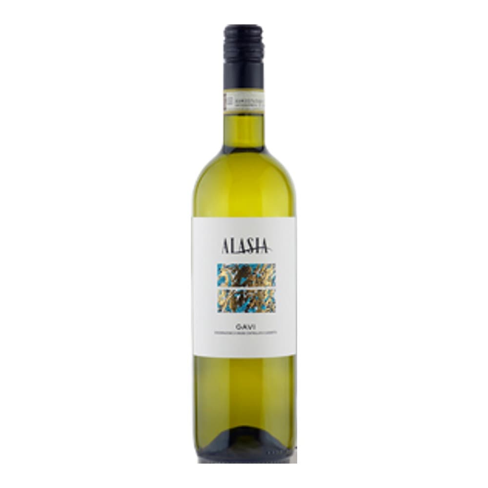 A bottle of Alassia white wine with pale yellow liquid against a plain white background, featuring a dark cap and white label with vineyard imagery.