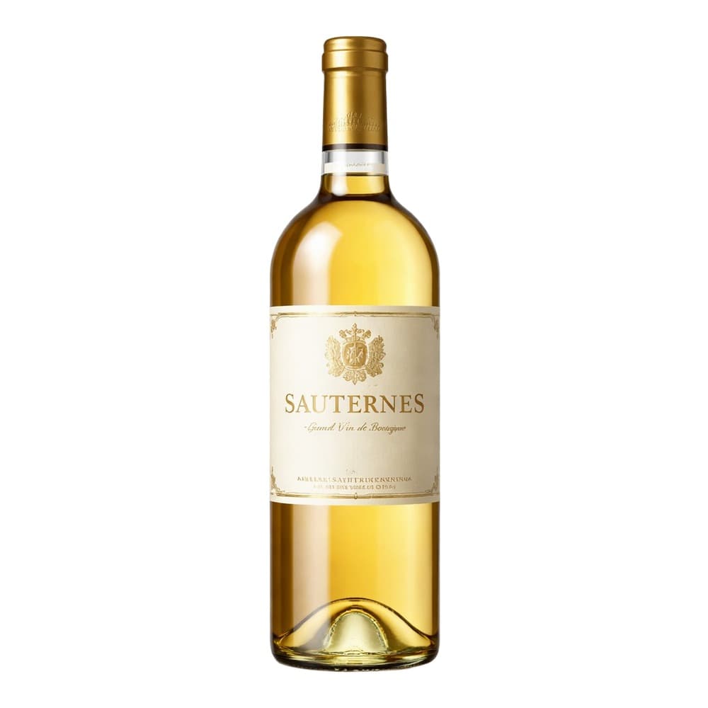 A bottle of Sauternes dessert wine with a gold foil cap and cream-coloured label featuring a coat of arms, positioned against a white background.