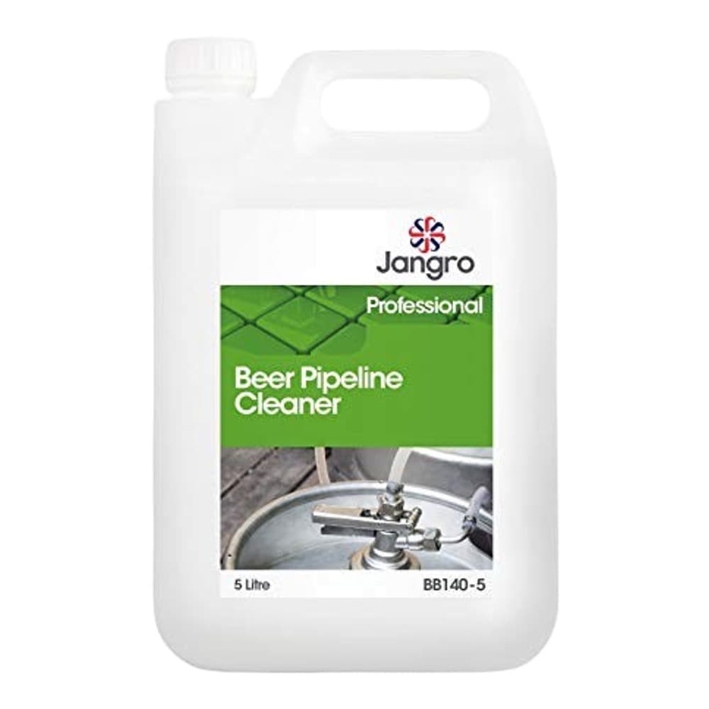 White plastic jerrycan of Jangro Professional Beer Pipeline Cleaner with green label featuring product information and brewery equipment imagery, 5 litre capacity.