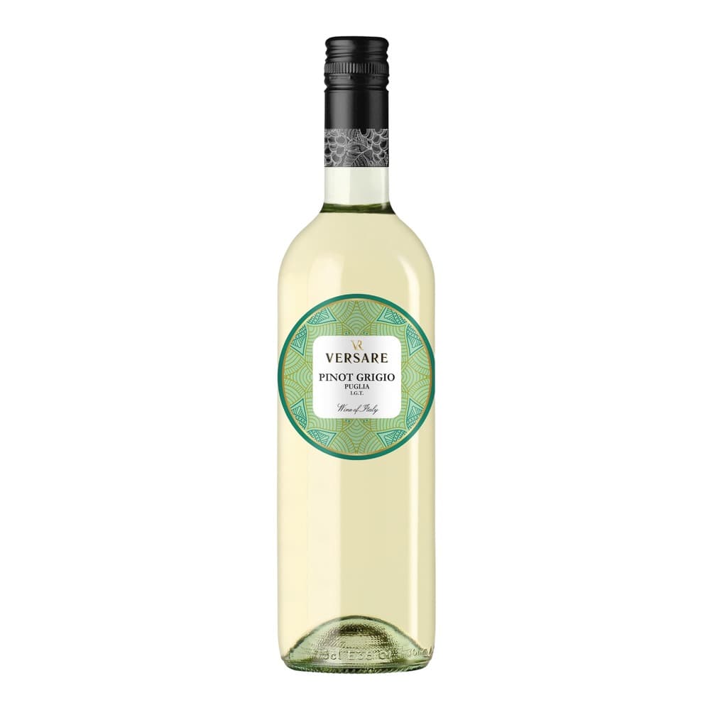 A bottle of Versare Pinot Grigio white wine from Puglia, Italy, featuring a pale yellow wine and decorative teal label with geometric patterns, photographed against a plain white background.