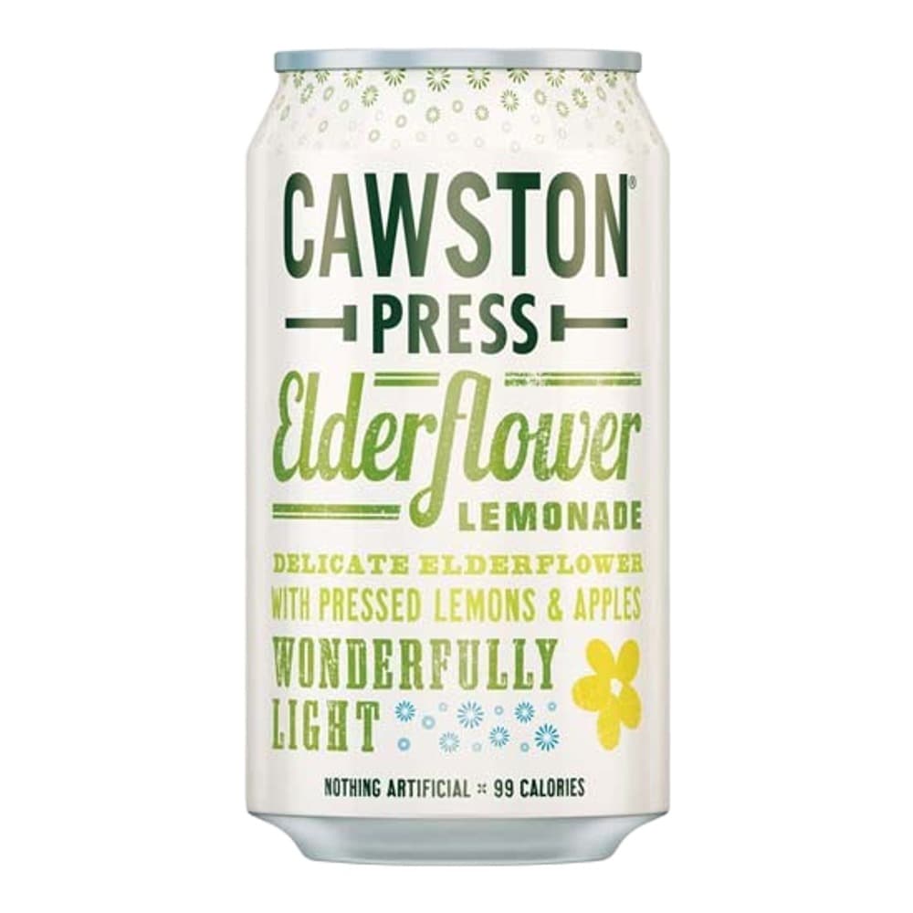 A can of Cawston Press Elderflower Lemonade with green and white labelling on a white background