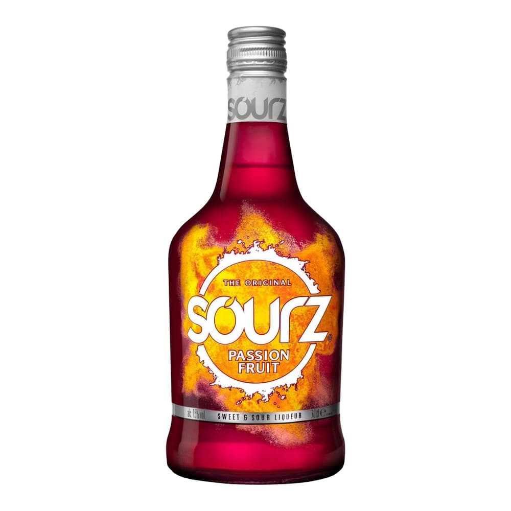 A 70cl bottle of Sourz Original Passion Fruit sweet and sour liqueur against a white background, featuring a vibrant orange and red label with white branding.