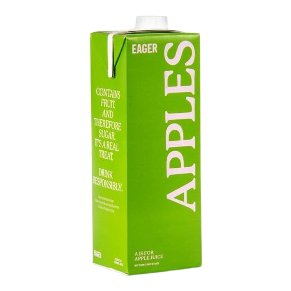 Bright green carton of Eager Apples apple juice on a white background, featuring white text and a straw poking through the top.