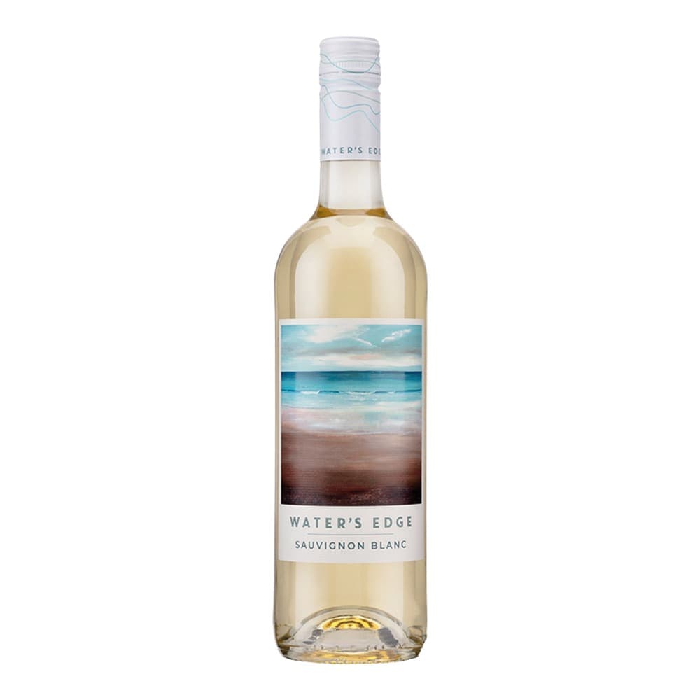 A bottle of Water's Edge Sauvignon Blanc white wine with a beach and ocean landscape label, photographed against a white background.