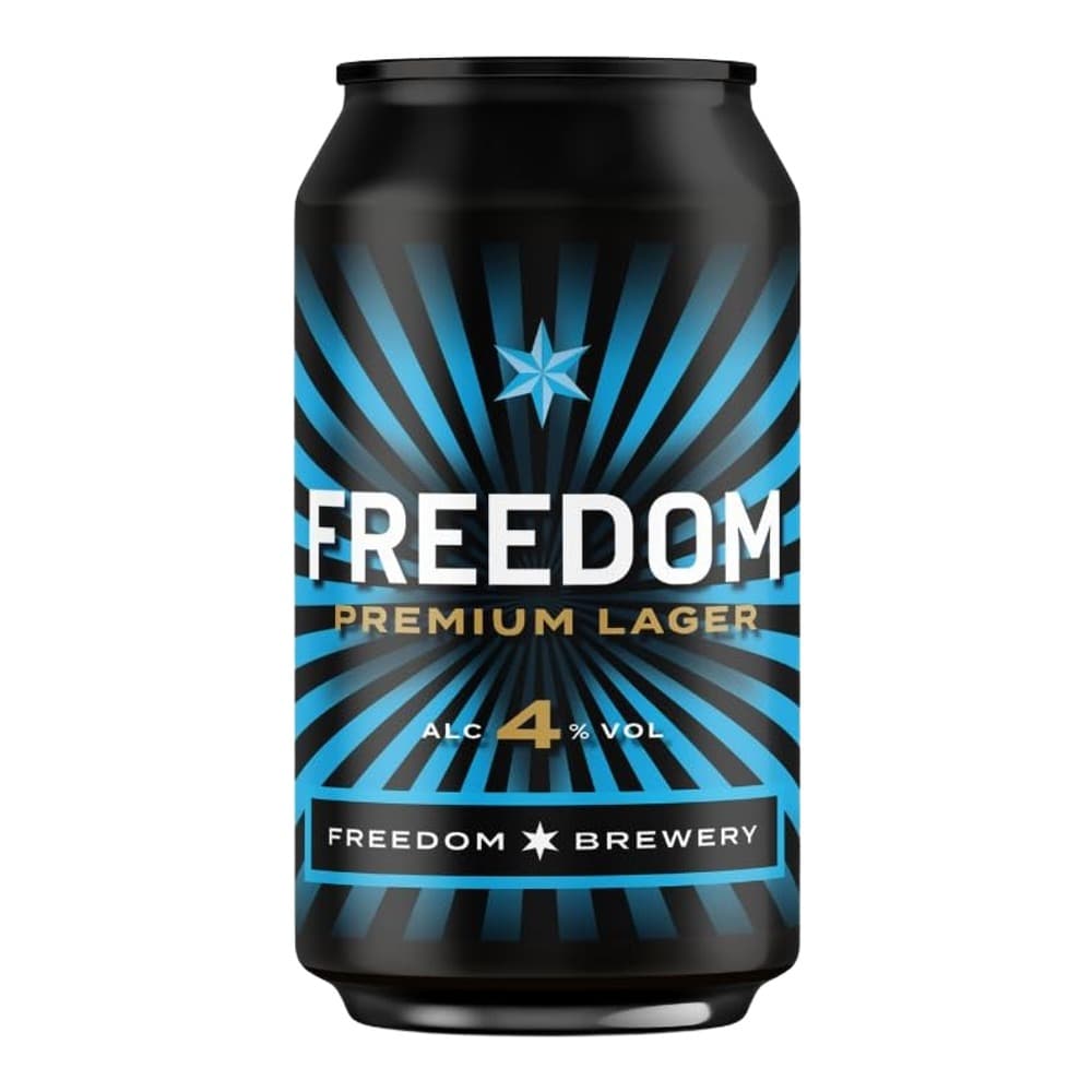 A black aluminium beer can with blue starburst design featuring 'Freedom Premium Lager' branding and 4% alcohol volume label from Freedom Brewery
