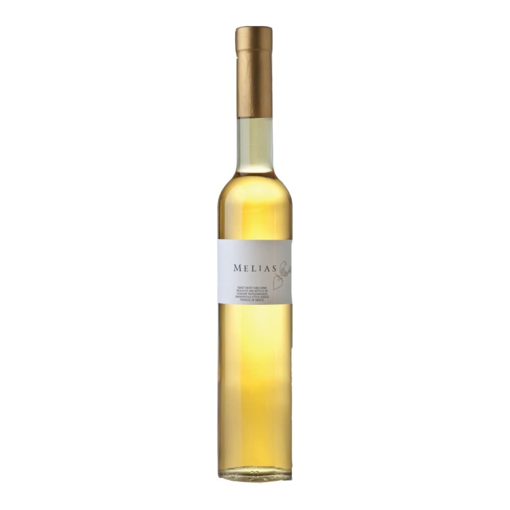 A bottle of Melias white wine with a white label and gold foil cap, photographed against a plain white background.