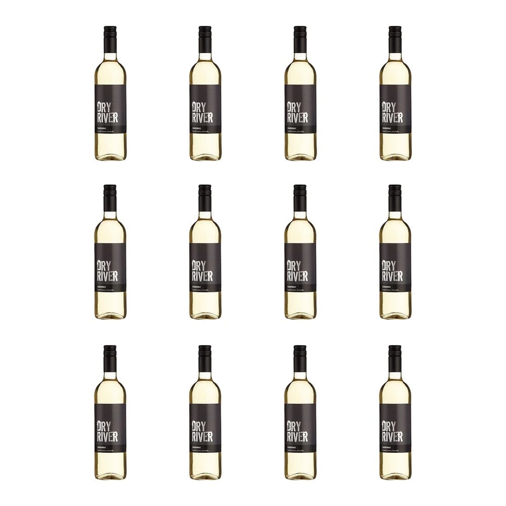 Twelve bottles of Dry River white wine arranged in a three-by-four grid on a white background, each featuring a black label with white text.