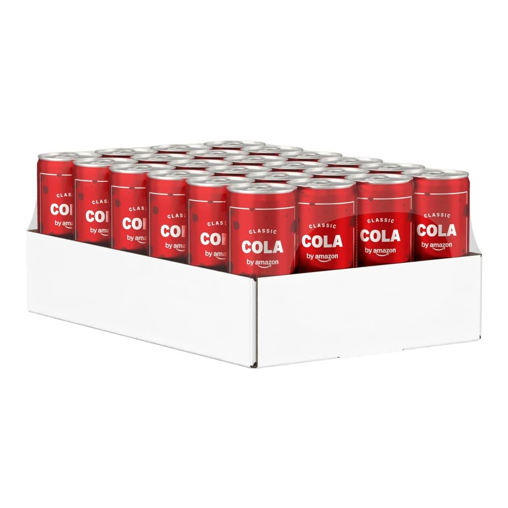 A carton box containing 24 red aluminium cans of Classic Cola branded by Amazon, arranged in a grid pattern on a white background.