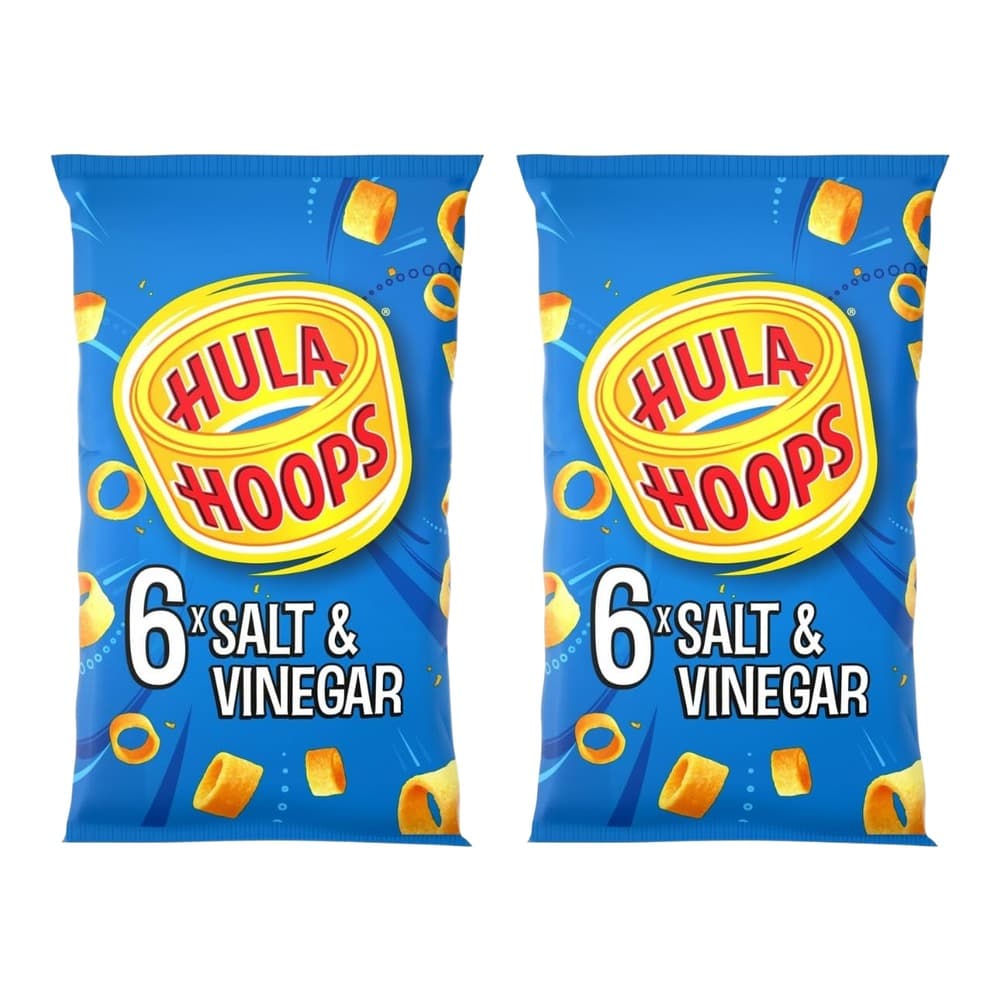 Two blue packages of Hula Hoops Salt & Vinegar flavour crisps showing the 6 pack product packaging on a white background
