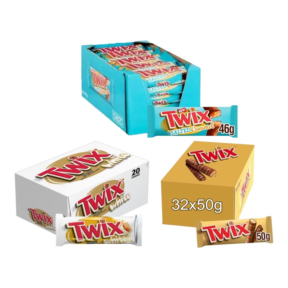Multiple Twix chocolate bar packaging options including Salted Caramel 46g individual bars, White chocolate 20 count box, and bulk 32x50g boxes displayed against a white background.