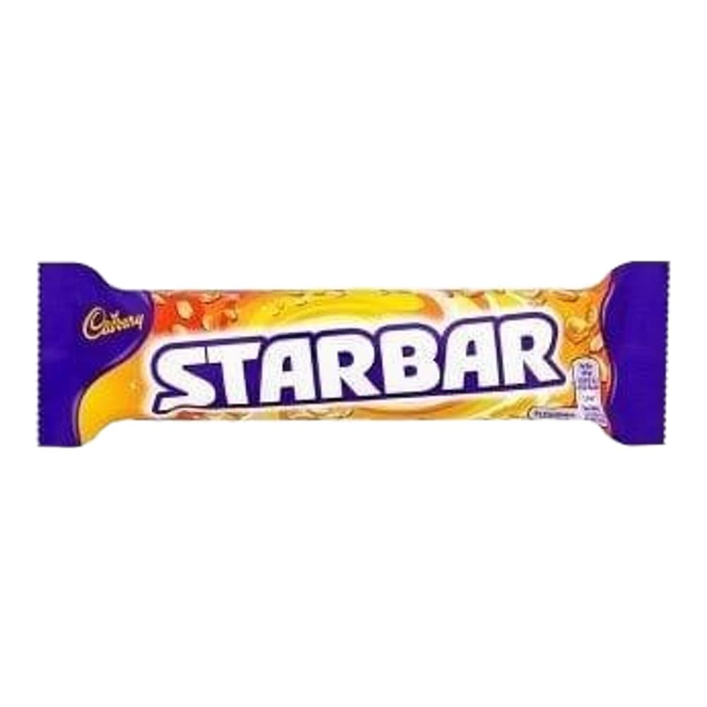 Cadbury Starbar chocolate bar with purple wrapper and orange/yellow branded label on white background