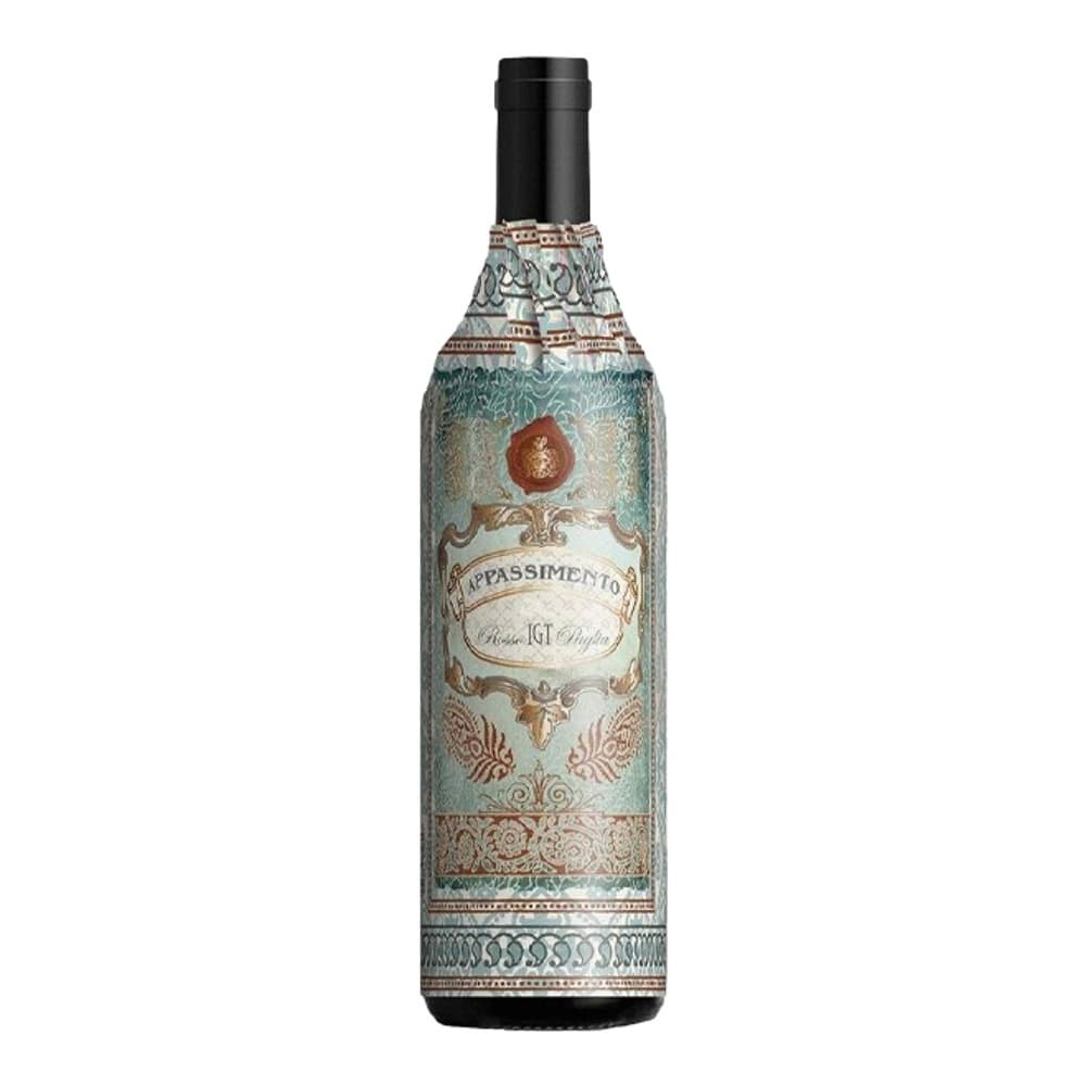 A bottle of Passaimento aperitif with ornate turquoise and gold label featuring decorative baroque-style designs, photographed against a white background.