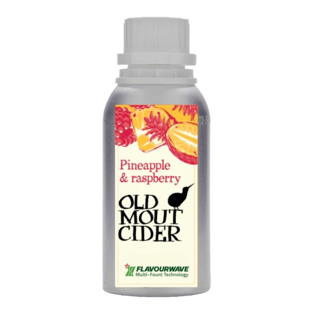 A bottle of Old Mout Cider with pineapple and raspberry flavour on a plain white background