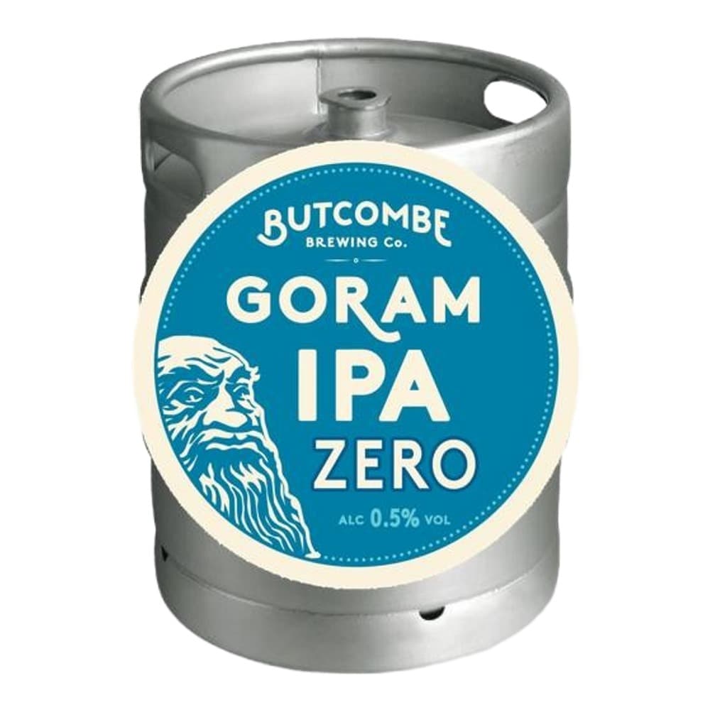 A stainless steel keg of Butcombe Goram IPA Zero beer with a blue circular label featuring a bearded man's face and product information.