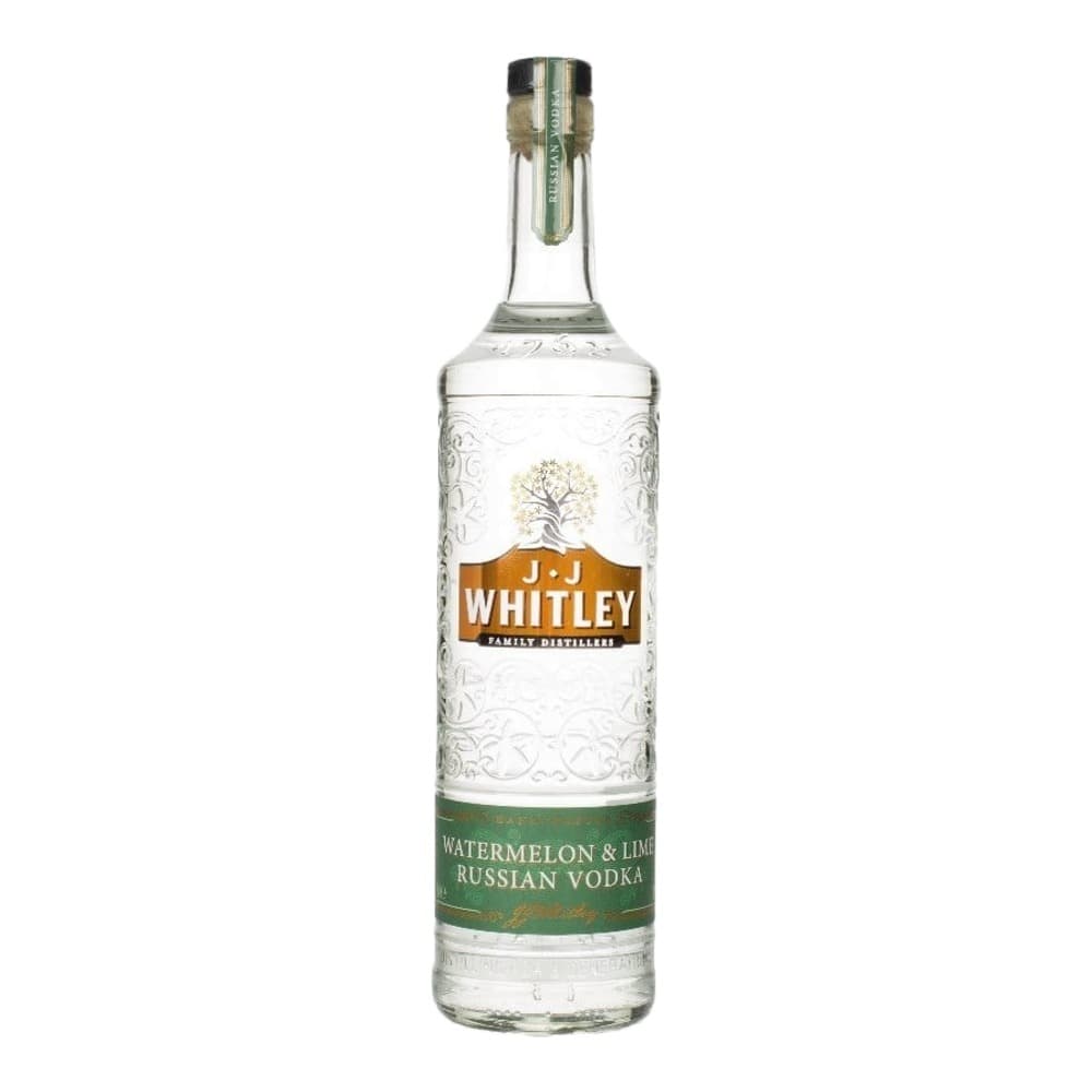 A bottle of J.J Whitley Watermelon & Lime Russian Vodka with clear glass and green label, photographed against a white background.