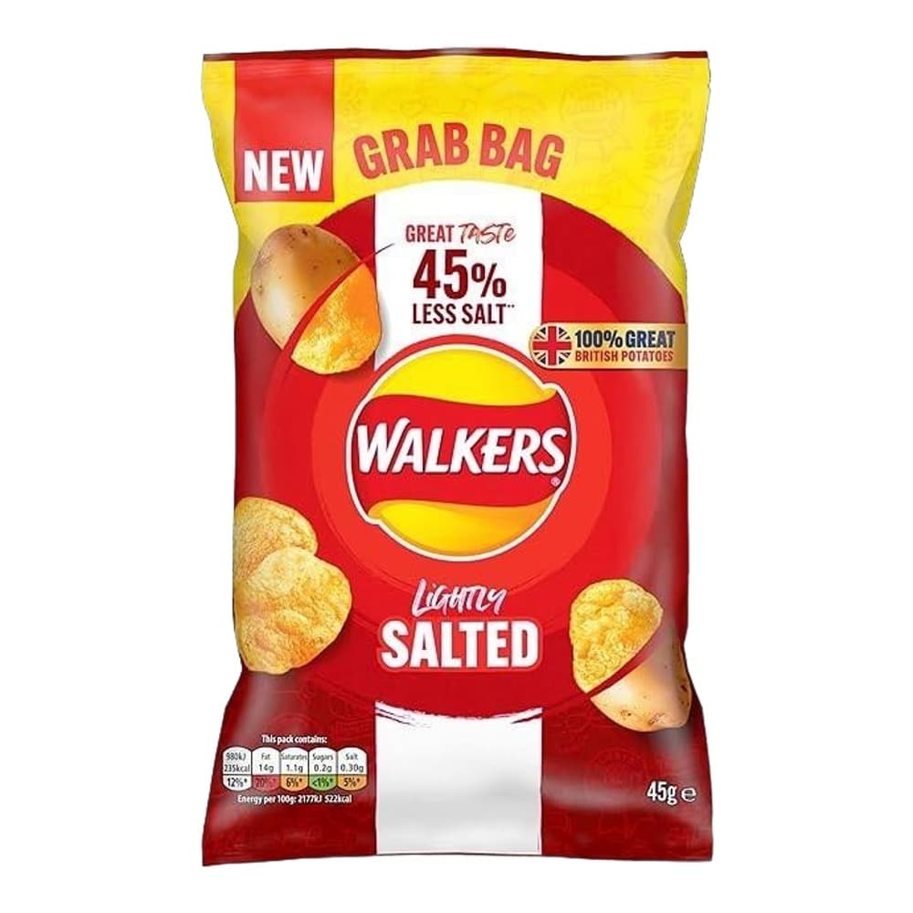 Package of Walkers Lightly Salted potato crisps in a red and yellow grab bag, featuring 45% less salt and 100% great British potatoes.