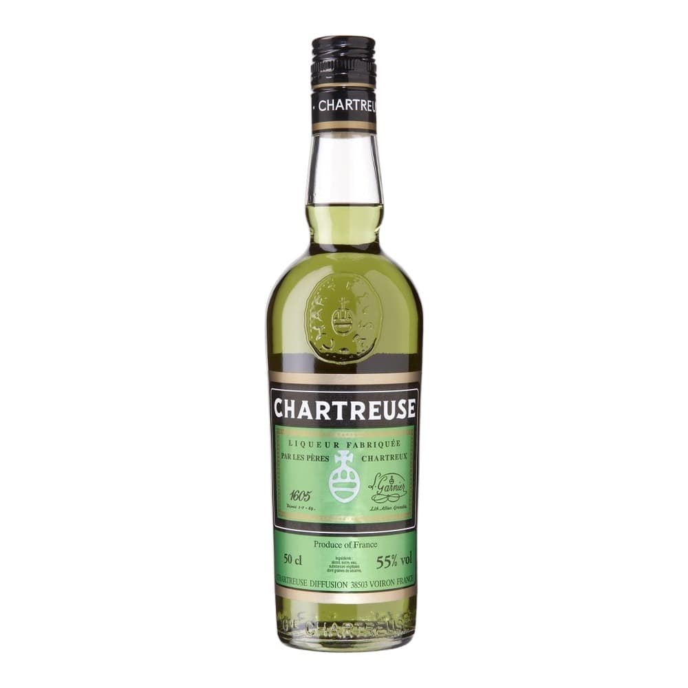 A bottle of green Chartreuse liqueur with black cap and label on a white background
