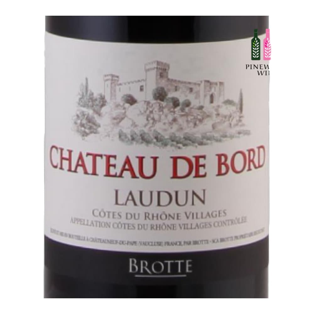 A bottle of Château de Bord Laudun red wine from Côtes du Rhône Villages, displayed against a plain background with a Pinewood Wine logo in the top right corner.