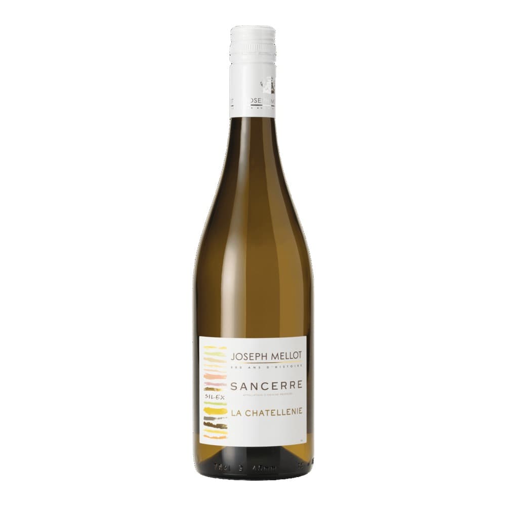 A bottle of Joseph Mellot Sancerre La Chatellenie white wine photographed against a white background, showing the label with coloured stripe design and white capsule top.