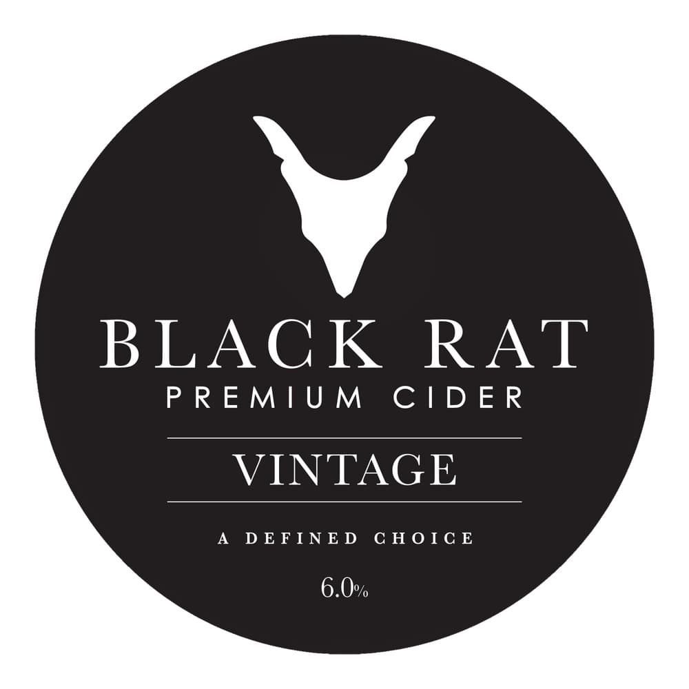 Black Rat Premium Cider Vintage label on a circular black background with white bat logo and text