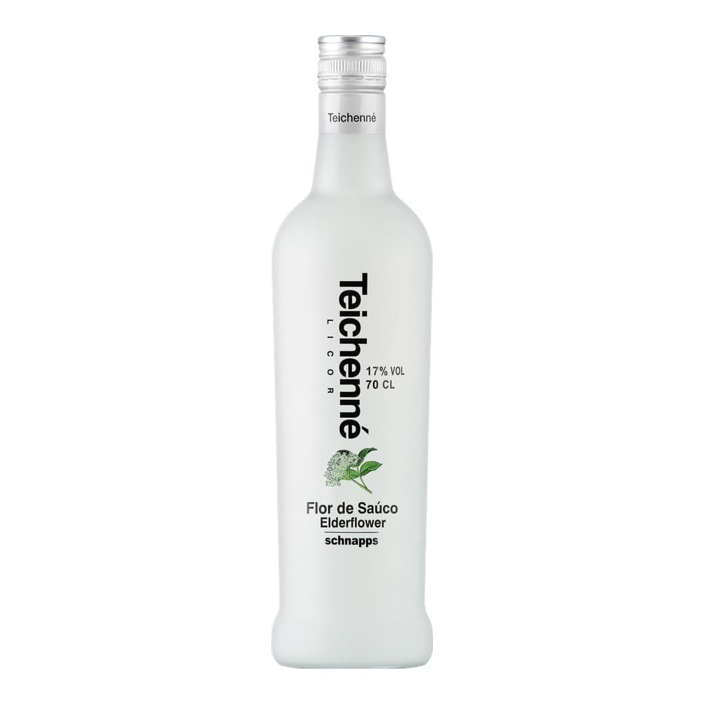 A frosted glass bottle of Teichennè elderflower schnapps against a white background, featuring a silver cap and label with elderflower illustration.