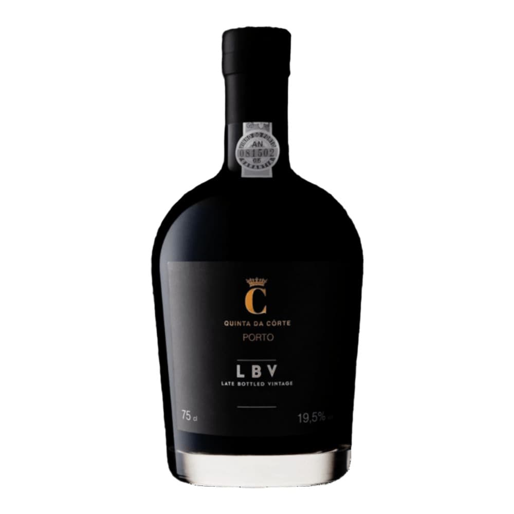 A bottle of Quinta da Corte Late Bottled Vintage Porto wine with a black label on a white background.