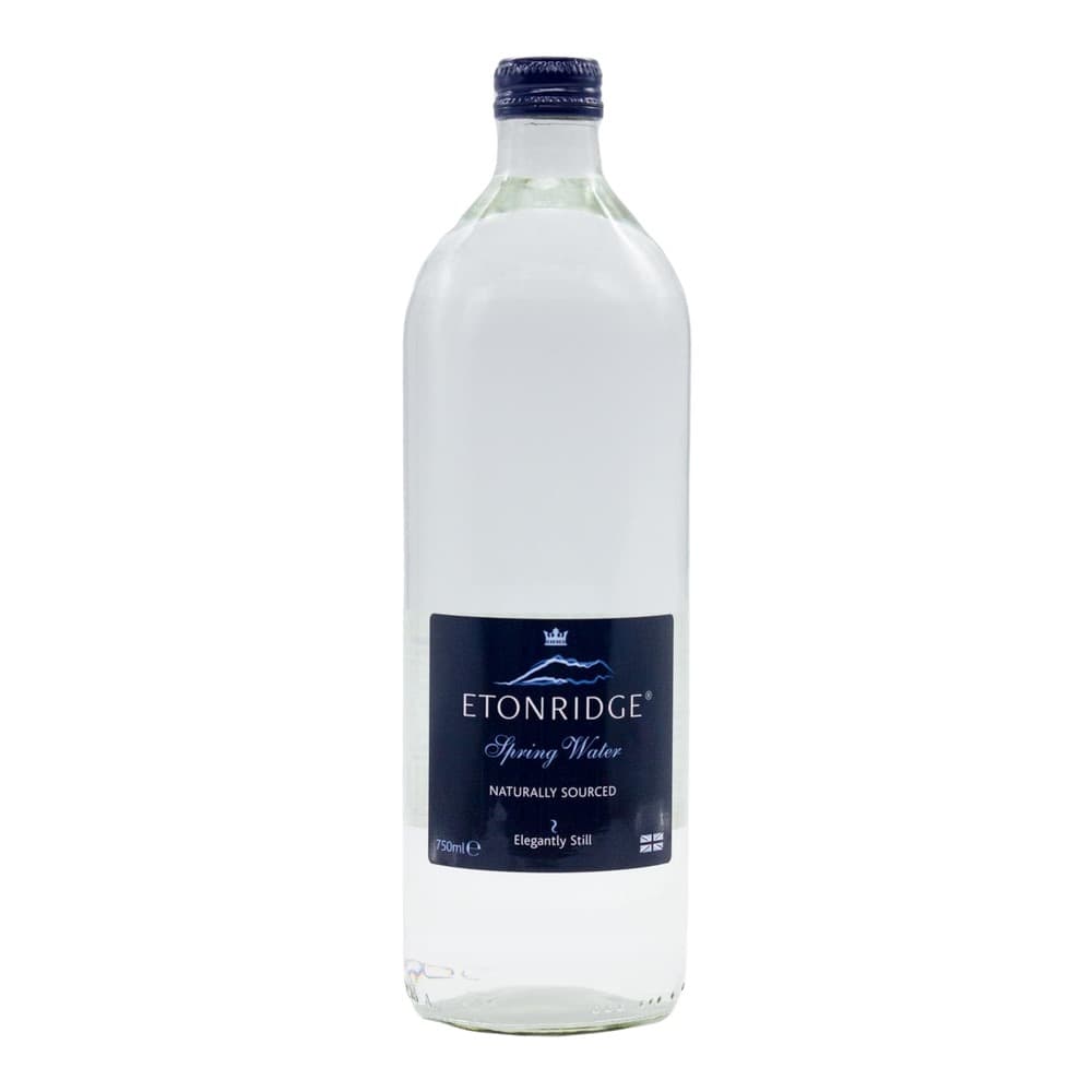 A 750ml bottle of Etonridge Spring Water with a dark navy label on a white background, featuring 'Elegantly Still' text and natural sourcing information.