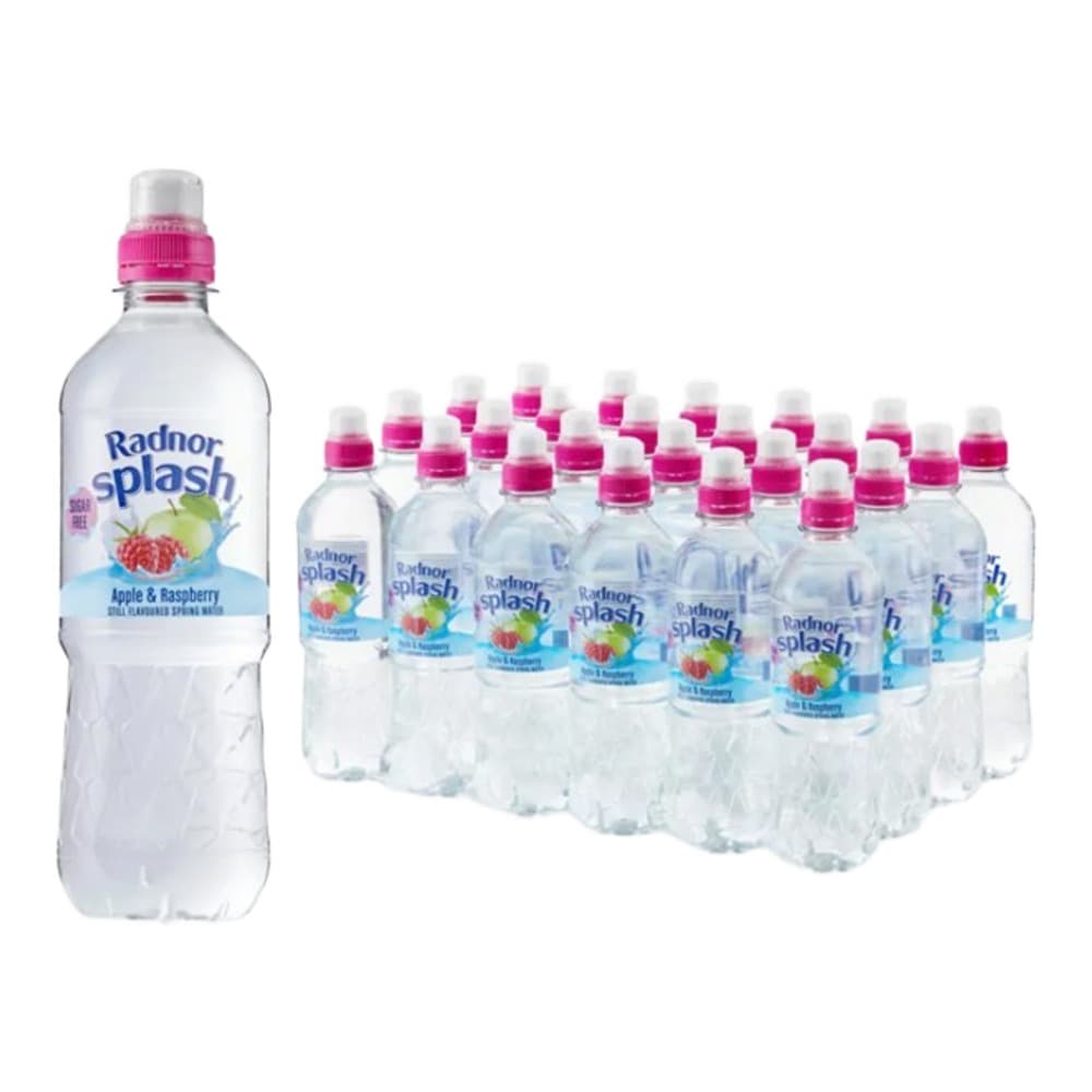 Product pack shot showing one large bottle of Radnor Splash in front with pink cap, surrounded by 24 smaller bottles arranged in rows on white background with orange border