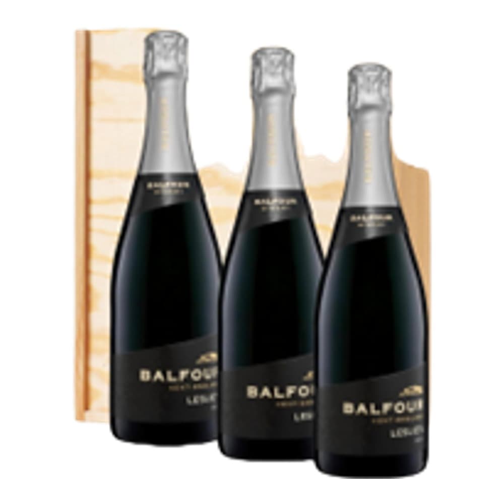 Three Balfor champagne bottles displayed in a wooden gift box with rope handles.