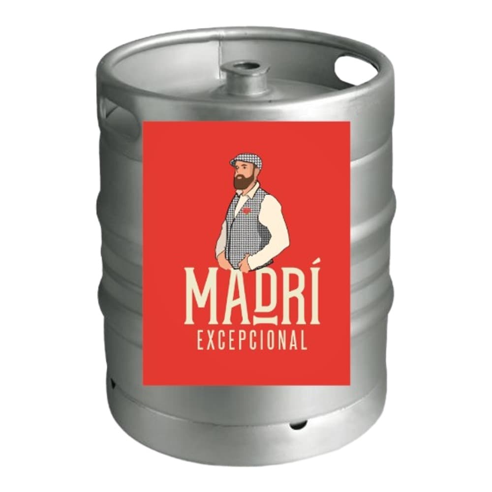 Silver metal keg with red Madrí Excepcional label featuring a bearded man in period clothing against a solid grey background.